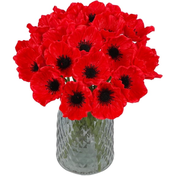 ABPETE 20PCS Red Poppy Flowers Artificial 19.4" PU Real Touch Faux Poppies Fake Flower Bulk for Wedding Bouquets Floral Arrangements Centerpiece Corsages Home Table Garden Party Decor(Red)