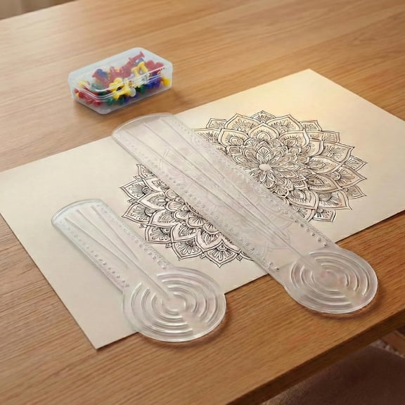 ABPETE 2PCS Mandala Ruler Circle Drawing Tool with 50 PCS Push Pins: Clear Acrylic Compass Circle Stencil - Draw Concentric Circles up to 8.5 & 19.5 for Dot Art, Geometric Patterns & Painting Grids
