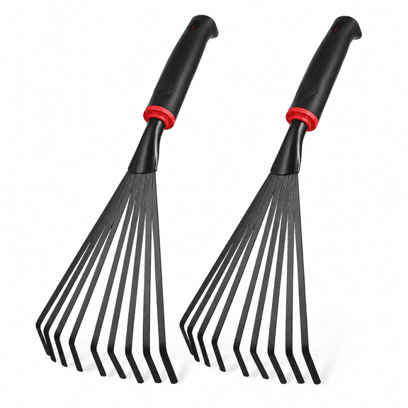 ABPETE 2pcs Gardening Hand Rakes Metal Ash Rakes Hand Tiller Mini Garden Cultivator Tools Portable Rake with Handle and 9 Tines for Yard Lawn Shrub Flower Beds