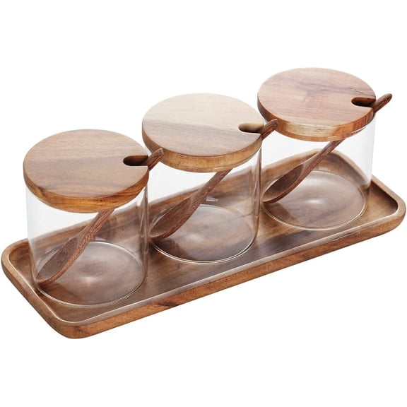 ABPETE 3 Pack 250ml / 8.5oz Clear Glass Spice Jar with Acacia Wooden Lid and Spoon, Classic Style, Kitchen Storage Container, 3.2 inches (diameter) x 3.5 inches (height)