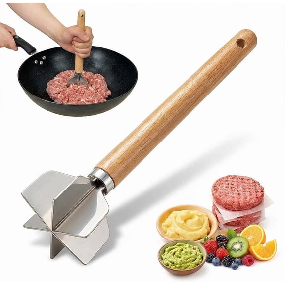 ABPETE 304 Stainless Steel Meat Chopper, 6 Blade Ground Beef Masher with Wooden Handle, Ground Beef chopper tool, Suitable For Making Ground meat, Mashed potatoes, Jam and more (1pc)