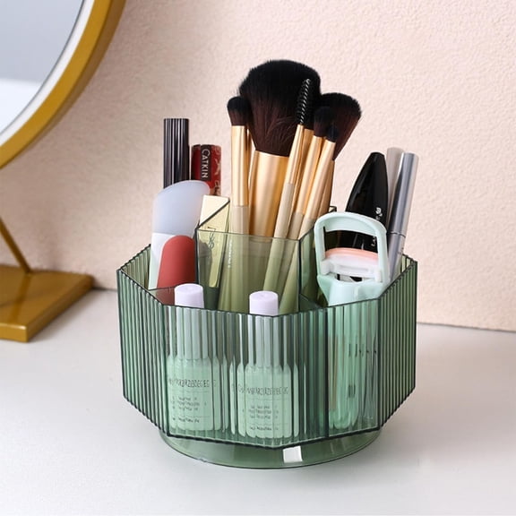 ABPETE 360°Rotating Makeup Organizer Holder Cosmetic Display Case Clear Makeup Brush Lip Gloss Organizer Case with 5 Slots Round Turntable Storage Tray for Vanity, Bathroom, Counter Organizer Green