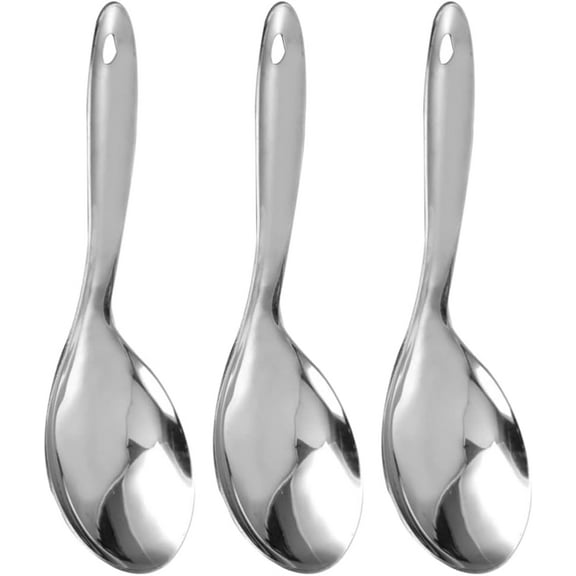 ABPETE 3pcs Stainless Steel Rice Paddle Spoon Rice Scooper Metal Serving Spoon Cooking Spoon Utensil Rice Servers Soup Ladle for Kitchen