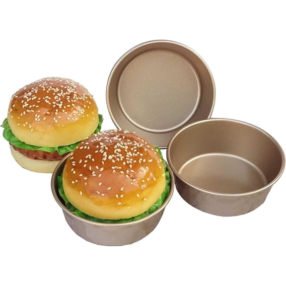 ABPETE 4 Inch Nonstick Hamburger Bun Mold, 4 Pcs Mini Cake Pans for Baking, Carbon Steel Reusable Small Air Fryer Cake Baking Mold Bakeware for Hamburger,Kugelhopf,Jumbo Muffin,Mini Pie - Gold
