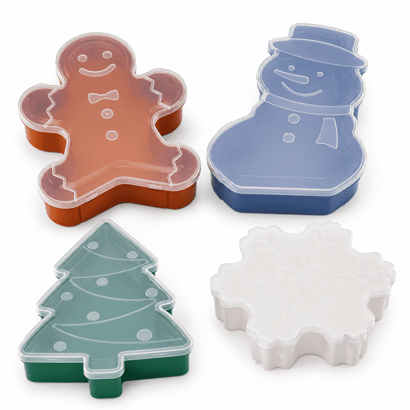 ABPETE 4-Pack Christmas Cookie Boxes with Lids, Gingerbread Man, Snowflake and Tree Shaped Serving Trays for Candy, Nuts and Holiday Snacks, 15 x 10 x 2 cm