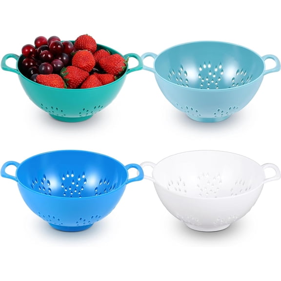 ABPETE 4 Pack Mini Colander for Kitchen Plastic Berry Strainer with Double Handles 7.5 x 6 x 3 Inch Small Colander Strainer for Fruits Vegetables Food(Light Blue, Army Green, White, Blue)