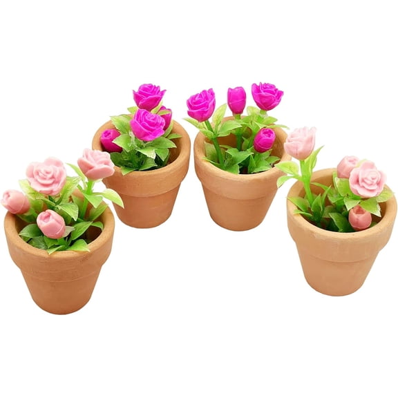 ABPETE 4 Pieces Mini Dollhouse Potted Plant Flower Model 1:12 Miniature Scene Bonsai Plant Set Accessories Micro Landscape Decoration (Rose+Pink)
