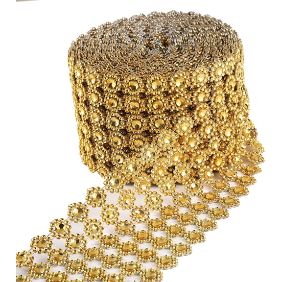 ABPETE 4" x10 Yard,Silver Flower Diamond Rhinestone Crystal Mesh Ribbon Wrap Roll for Wedding Decorations, Wedding Cake, Birthdays, Party Supplies, Arts & Crafts(Flower Pattern 10 Yards) (Golden)