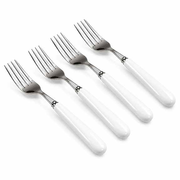 ABPETE 4Pcs 8inch Dinner Fork - 18/10 Stainless Steel, White Ceramic Handle, Main Course, 4-Tine, Steak Fork (4)