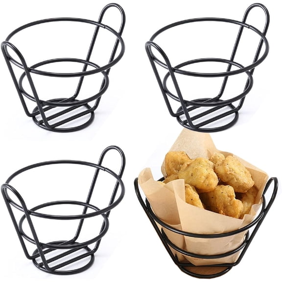 ABPETE 4Pcs French Fries Stand Cone Basket Fry Holder Metal Cone Snack Fried Chicken Display Rack Wire Stands for Kitchen Restaurant Party Supplies (Black)