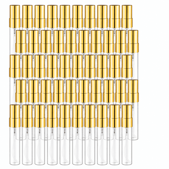 ABPETE 50 Pcs 5ml/0.17oz Fine Mist Glass Bottle Mini Transparent Spray Vials Empty Refillable Perfume Bottles for Cosmetic Perfume Liquid Sample DIY Sprays(Gold Lids,50Pcs 5ml)