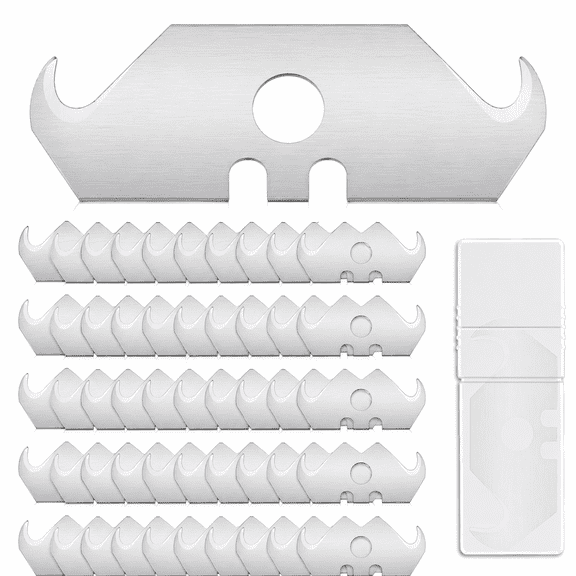 ABPETE 50 Pieces Utility Hook Blade Steel Razor Blade Hook Roofing Knife with Storage Box for Cutting Carpets, Wallpaper Materials