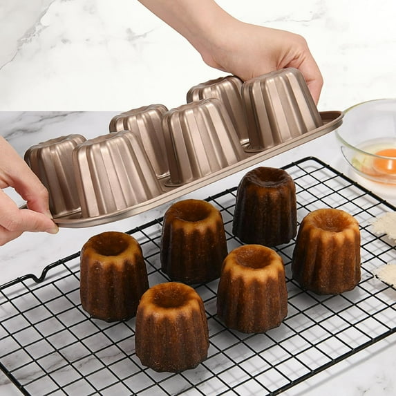 ABPETE 6-Cavity Carbon Steel Canele Mold - Gold Non-Stick French Cake Pan for Professional & Home Baking