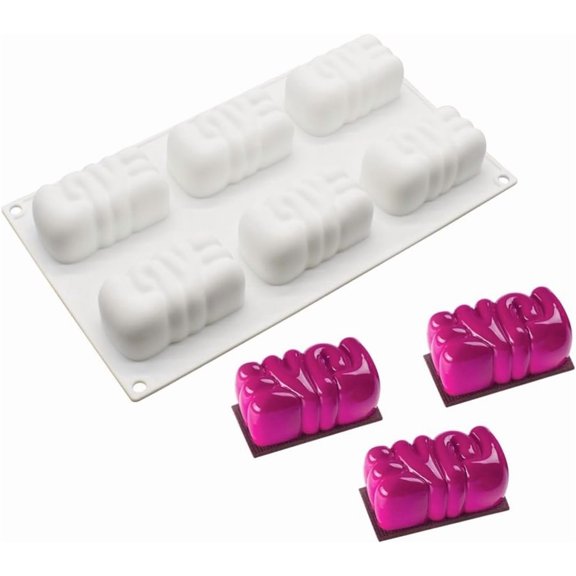ABPETE 6-Cavity Ribbed Rectangle Silicone Mold, 3D Mini Mousse Cake Mold for Chocolate, Jelly, Pudding, Cheesecake, Soap and Individual Desserts(A_ Love Shape)
