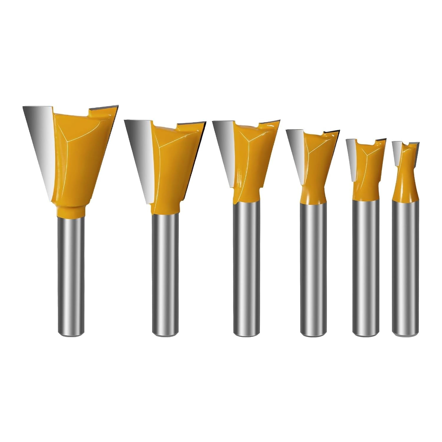 ABPETE 6PCS Dovetail Router Bit Set 1/4 Inch Shank, 1/4" 3/8" 1/2" 5/8" 3/4" 7/8'' Dia Carbide Router Bits for Woodworking, Wood Milling Cutter Tool for Making Boxes Drawers Chests, Fine Casework