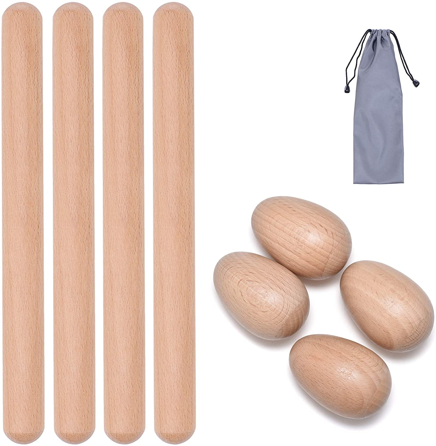 ABPETE 8 Pcs Musical Percussion Instrument Set, includes 4 Pcs 8 Inch Rhythm Sticks Wood Claves and 4 Pcs Wood Egg Shakers