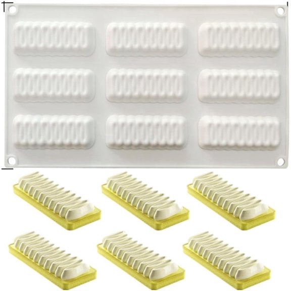 ABPETE 9-Cavity Ribbed Rectangle Silicone Mold, Mini Oblong Mousse Cake Mold for Chocolate, Jelly, Pudding, Cheesecake, Soap and Pastry Decorating(B_ Long Wave Shape)