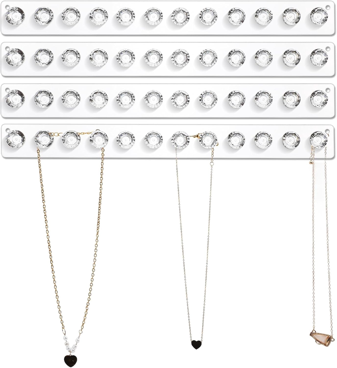 ABPETE Acrylic Necklace Holder, Necklace Hanger Wall Mount, Diamond Shape Jewelry Organizer with 12 Hooks for Necklaces, Bracelets, Chains,Clear Crystal Display Rack for Women(4-Pack)
