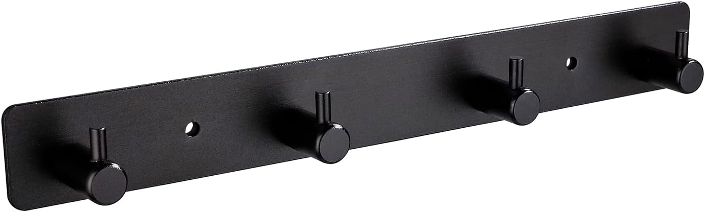 ABPETE Adhesive Bathroom Black Hook Rail, 4 Matte Black Wall Key Hooks Rack Hanger Towel Robe ...