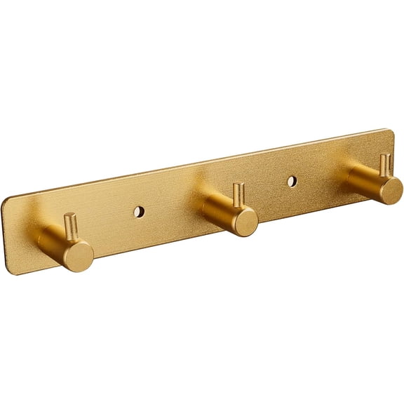 ABPETE Adhesive Bathroom Gold Hook Rail, 3 Brushed Gold Wall Key Hooks Rack Hanger Towel Robe Stick Door Hooks for Bathroom Toilet Entryway Hallway Kitchen Wall Mounted