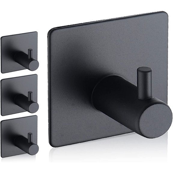 ABPETE Adhesive Hooks, Waterproof Adhesive Shower Hanger Hooks for Hanging Loofah, Sponge, Towels, Robes Stainless Steel Stick on Shower Hooks for Bathrom Black Removable Sticky Wall Hooks 4 Pcs