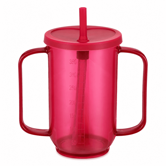ABPETE Adult Sippy Cups for Elderly 12 oz Straw Sippy Cups with 2 Handles No Spill for Adults Spill Proof Dysphagia Cup for Disabled Patients(Red)