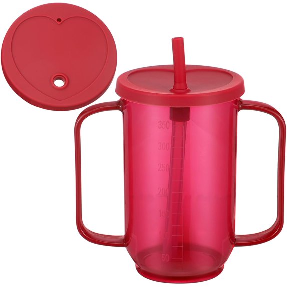 ABPETE Adult Sippy Cups for Elderly 12 oz Straw Sippy Cups with 2 Handles No Spill for Adults Spill Proof Dysphagia Cup for Disabled Patients(Red)