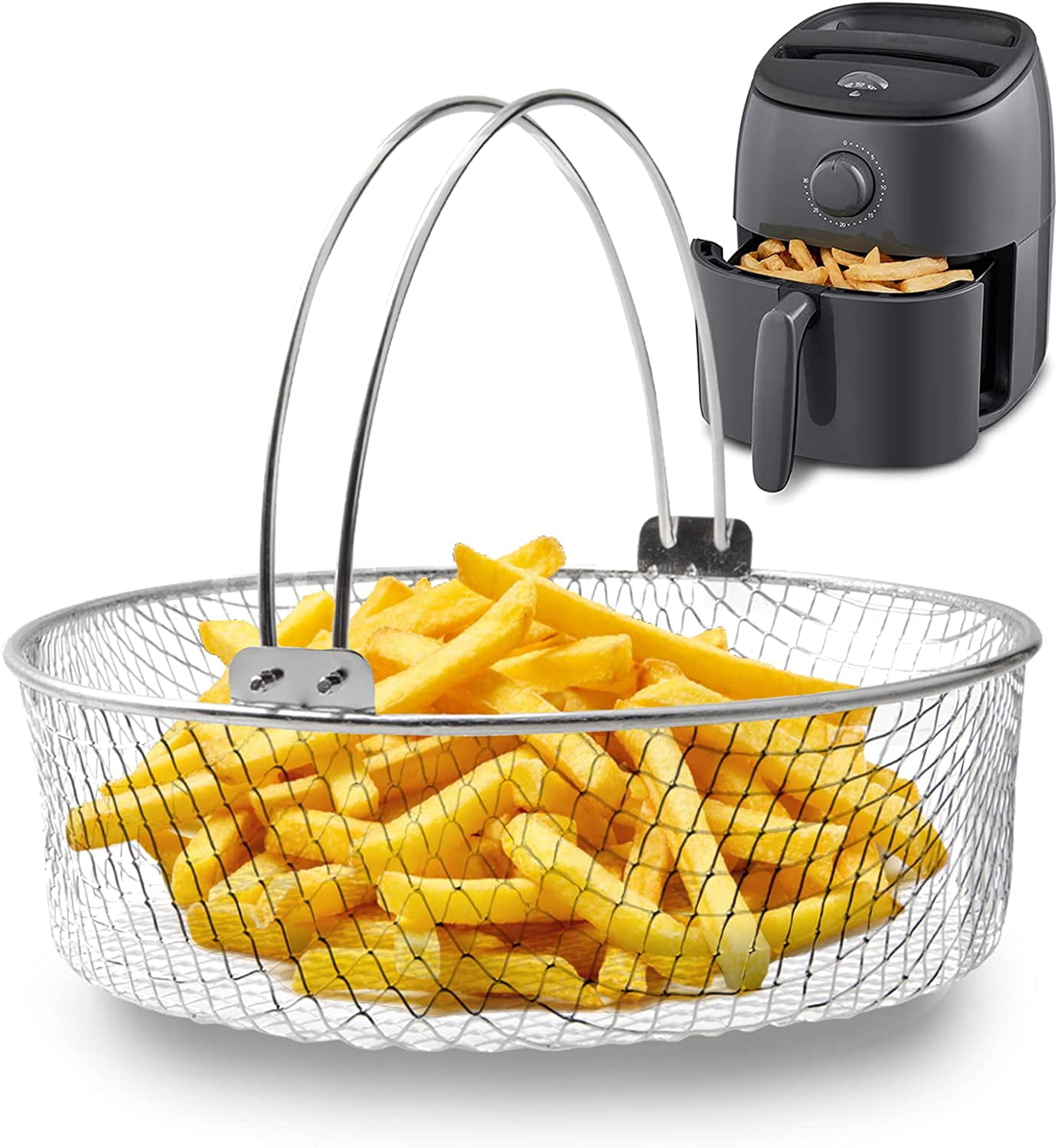 ABPETE Air Fryer Basket, Steamer Basket for Instant Pot, 304 Stainless Steel Mesh Basket for Instant 6Qt 8Qt Air Fryer, Air Fryer Accessory 8 inch Basket with Handle