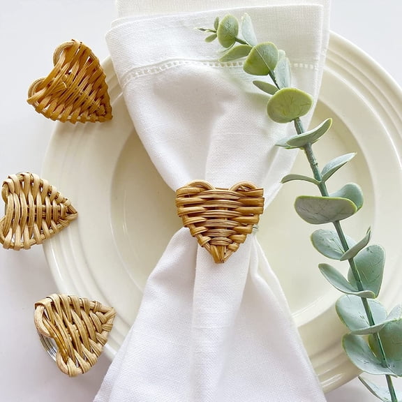 ABPETE Bamboo Napkin Rings,Handmade Rattan Heart-Shaped Braided Holders for Rustic Wedding & Holiday Table Setting(6-Pack)