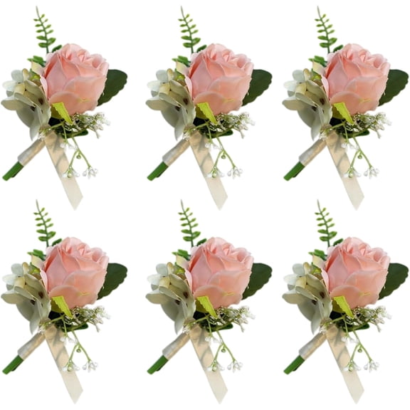ABPETE Boutonniere for Men Wedding, 6-Piece Rose Boutonnieres with Pin and Ribbon-Wrapped Stem for Groom, Best Man, Prom, Fall Halloween Party,Pink