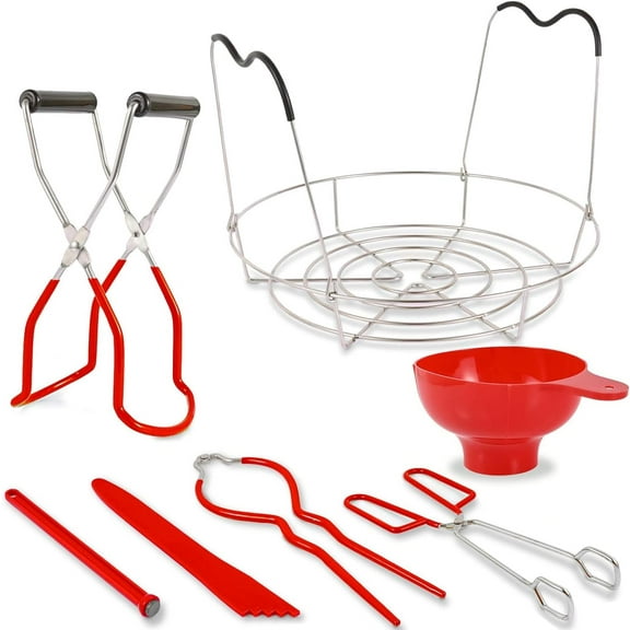 ABPETE Canning Supplies Starter Kit,7 Pieces Stainless Steel Canning Set Tools: Steamer Rack,Canning Funnel,Jar Lifter,Wrench, Tongs,Lid Lifter/Bubble Remover Tool, for Canner/Pot, Beginner (Red)