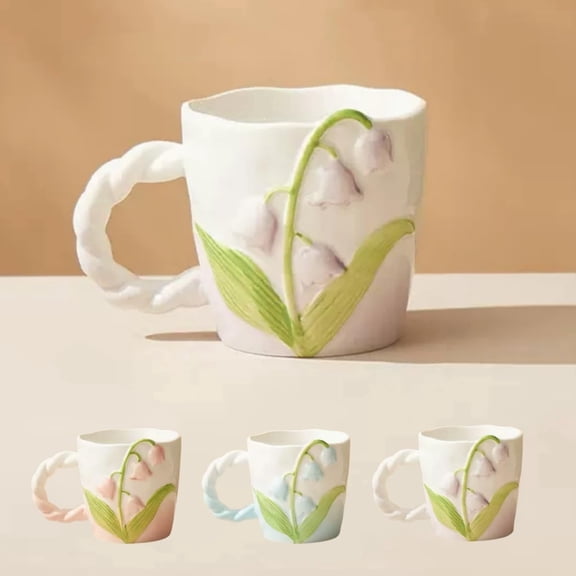 ABPETE Ceramic Coffe Mug with Handle, 12.85oz Cute Spring Flower Floral Handmade Figurine Mugs, Holiday and Birthday Gift for Coffee Milk Tea Lovers,Cups,Large Capacity (Purple)