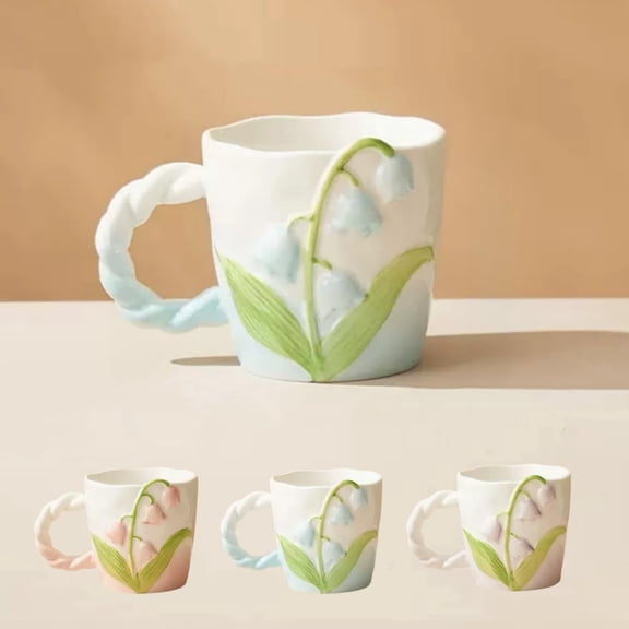 ABPETE Ceramic Coffe Mug with Handle, 12.85oz Cute Spring Flower Floral Handmade Figurine Mugs, Holiday and Birthday Gift for Coffee Milk Tea Lovers,Cups,Large Capacity (Blue)