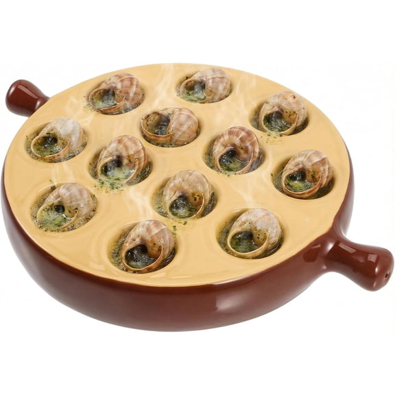ABPETE Ceramic Escargot Baking Dish, 12 Holes Snail Plate with Handles, Round Mushroom Server for Oven to Table, Scallop Shrimp Appetizer Tray, Kitchen Cooking Pan for Home, Restaurant, 6.75 Inch