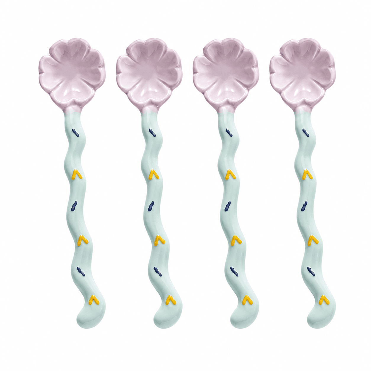 Large Ice Set Design ABPETE Ceramic Long Handle Spoon Set, 4-Piece Flower Design, 16 cm Wavy ...