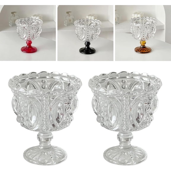 ABPETE Clear Crystal Dessert Goblet Set of 2 - Vintage Style 250ml Embossed Glass, 4.7"x3.9" / 12cmx10cm Footed Cups for Ice Cream & Sweets