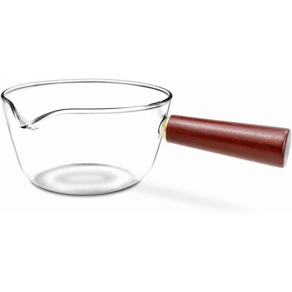 ABPETE Clear Glass Pot Milk Pan with Wooden Handle Breakfast Cooking Pot Glass Cookware for Home Kitchen Open Flame Heating Milk Pot (Clear 600ml)