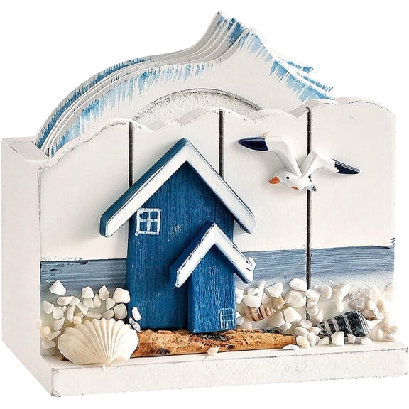 ABPETE Coastal Beach Scene Coaster Holder Set - 6pcs Mediterranean Wooden Fish Coasters Decorative Lighthouse and Beach House Design, Nautical Table Decor with Seashells (Beach House)