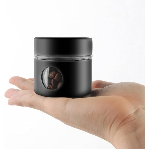 ABPETE Coffee Canister Travel Jar, Mini Airtight Stainless Steel and Glass Food Storage Container Great for Coffee Bean and Coffee Grounds - Black, 1.4 OZ