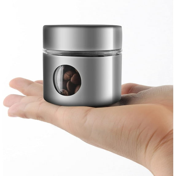 ABPETE Coffee Canister Travel Jar, Mini Airtight Stainless Steel and Glass Food Storage Container Great for Coffee Bean and Coffee Grounds - Silver, 1.4 OZ