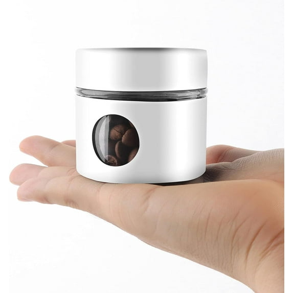 ABPETE Coffee Canister Travel Jar, Mini Airtight Stainless Steel and Glass Food Storage Container Great for Coffee Bean and Coffee Grounds- White, 1.4 OZ