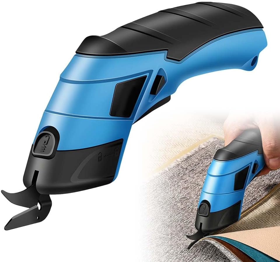 ABPETE Cordless Electric Scissors,Rechargeable Cordless Scissors Fabric Cutter, Heavy Duty Electric Box Cardboard Cutter, Multi-funtion Tool for Cutting Crafts,Box,Sewing,Carpet (Blue-1 Blade)