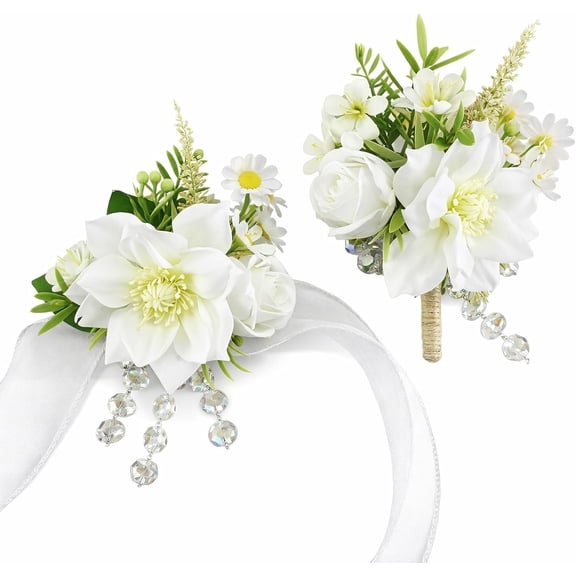 ABPETE Corsage & Boutonniere Set,Wedding & Prom Flower Accessories for Bride, Groom, Bridesmaids & Groomsmen, Suit Decor with Wrist Corsage(Ivory White)