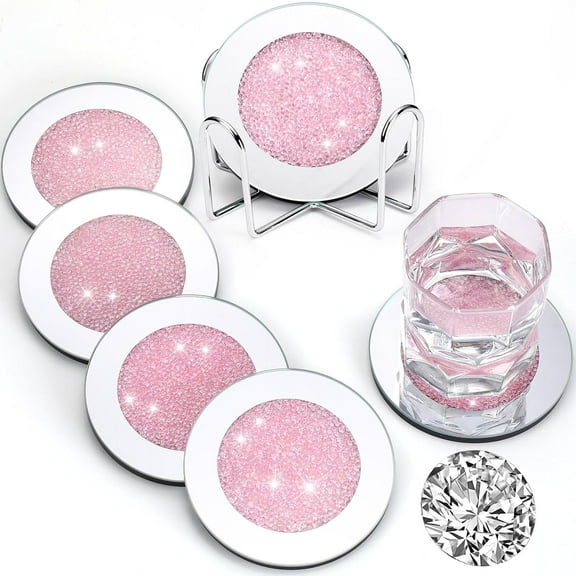 ABPETE Crushed Diamond Decoration Glass Coaster Coasters Set of 6 with 1 Holder, Crystal Mirrored Coasters Glitter Crushed Diamond Decoration Rhinestone for Kitchen Bar Home(Pink,4 Inch)