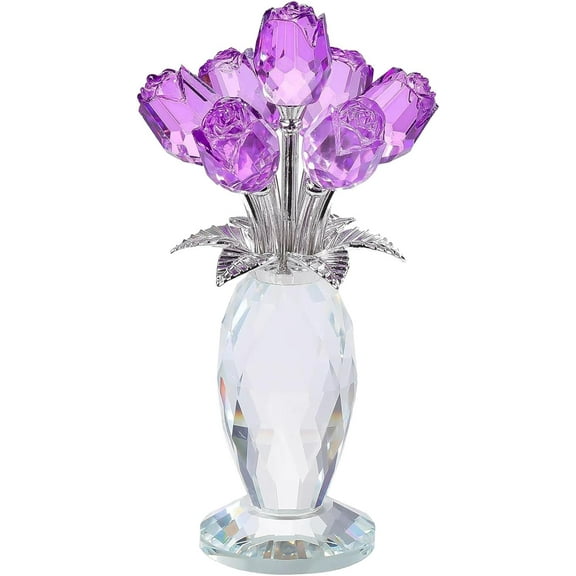ABPETE Crystal Purple Rose Flower Figurines - Glass Rose Bouquet Gifts for Women Mom Wife Girlfriend on Valentines Christmas Mothers Day Wedding Party