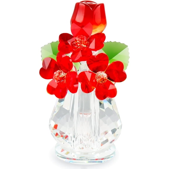 ABPETE Crystal Red Rose Flower Figurine for Women, Handmade Flowers Bouquet Gifts for Mom Wife Girlfriend, Glass Flower Collectible Ornaments for Home Decor Tabletop Centerpieces (Red)