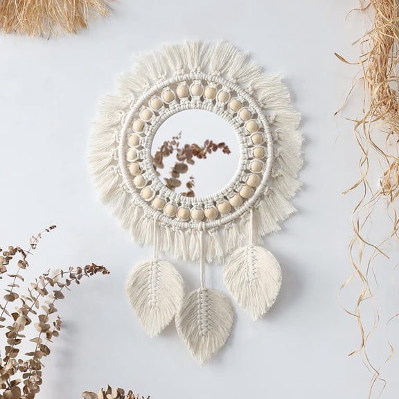 ABPETE Decorative Mirror - Boho Wood Mirror Macrame Taiji Small Round Mirror Wall Decor for Apartment Nursery Bedroom Living Room Farmhouse Funky Home Decor
