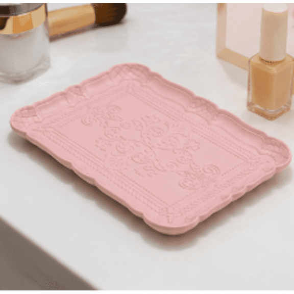 ABPETE Decorative Serving Tray,Rectangular Platter with Embossed Floral Pattern and Raised Edge for Breakfast, Dessert, Jewelry, Vanity, Bedroom and Living Room(Pink)