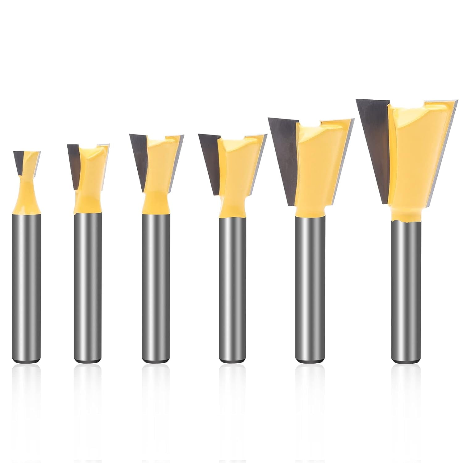 ABPETE Dovetail Router Bit Set 6 Sizes with 1/4 Inch Shank ,Cutting Dia in 1/4" 3/8" 1/2" 5/8" 3/4" 7/8" Wood Milling Cutter Tool for Making Boxes Drawers Chests,Great for Craftsman Woodworking