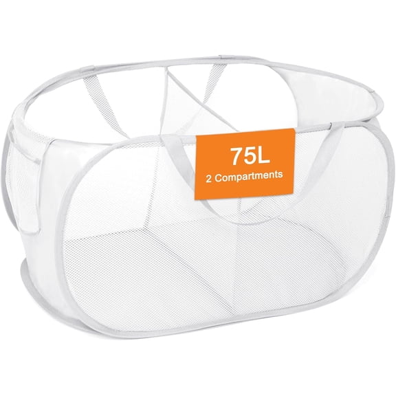 ABPETE Durable Collapsible Foldable Mesh Pop Up Laundry Basket, 2 Compartments Easy to Carry & Sort Clothes Hampers for Home, Dorm, Travel White